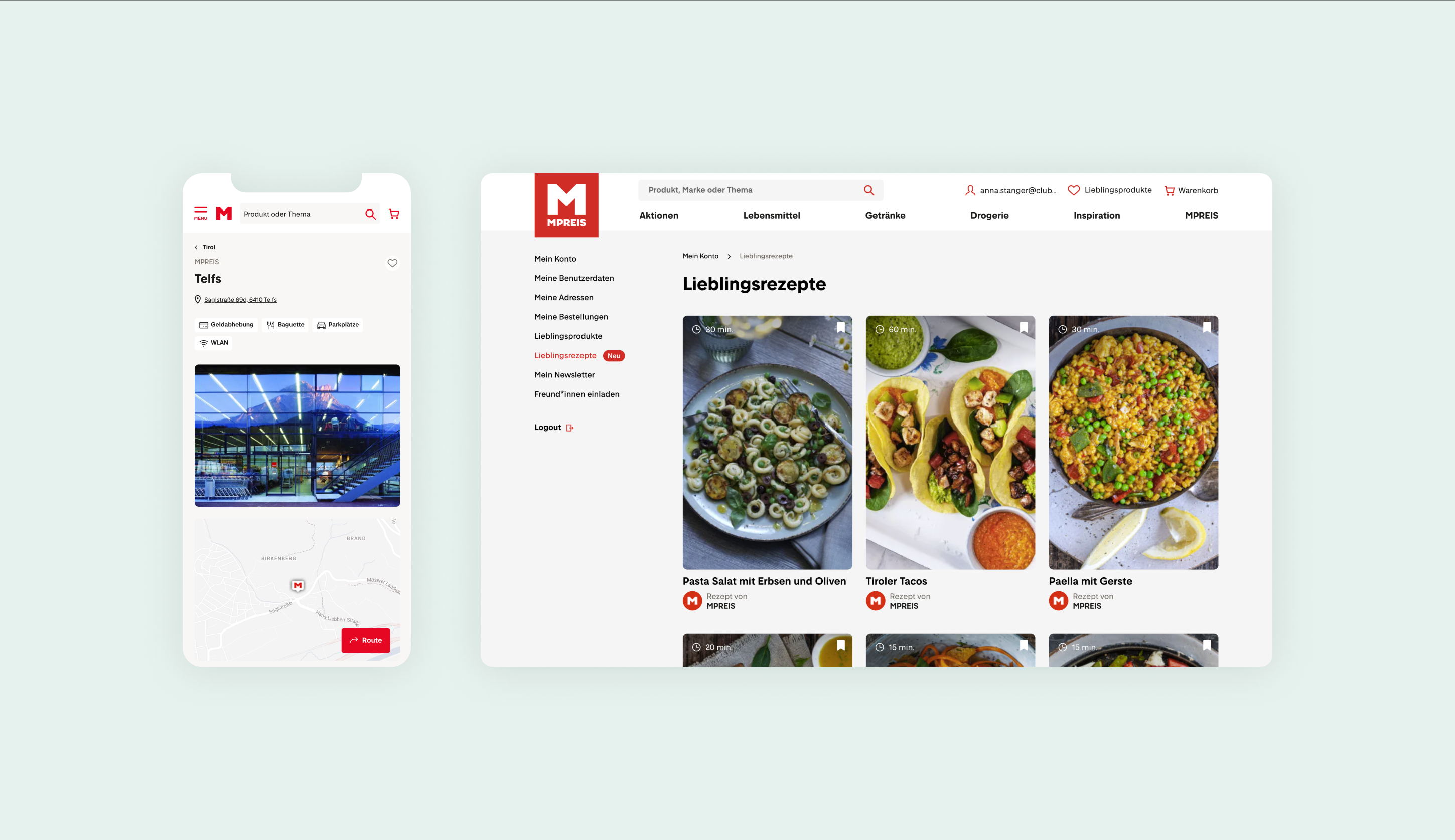 Eine Darstellung des Standorts und Lieblingsrezepten auf der Website von Mpreis