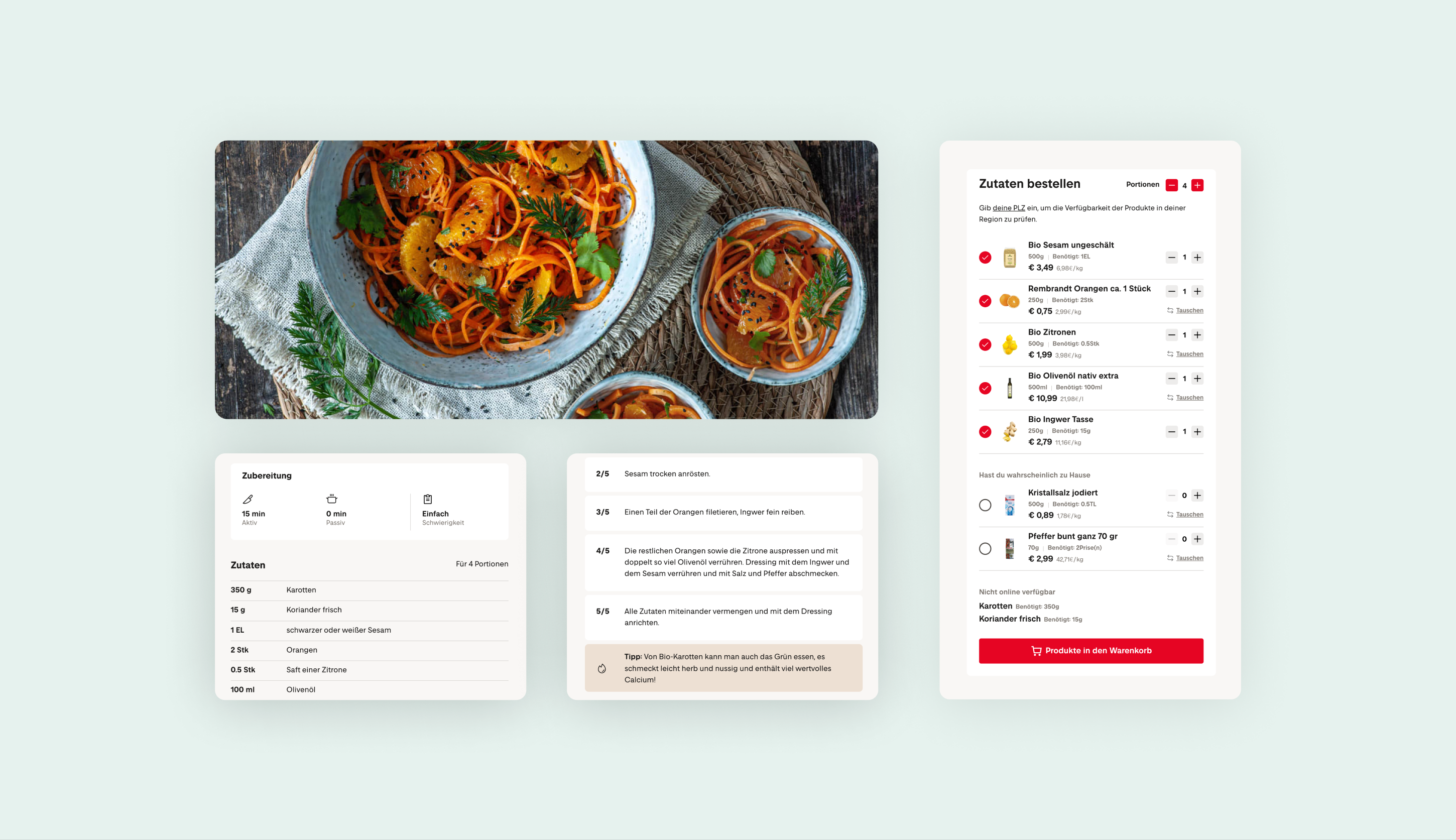 Eine Rezept für einen Karottensalat und die benötigen Artikel im Warenkorb der Mpreis Website