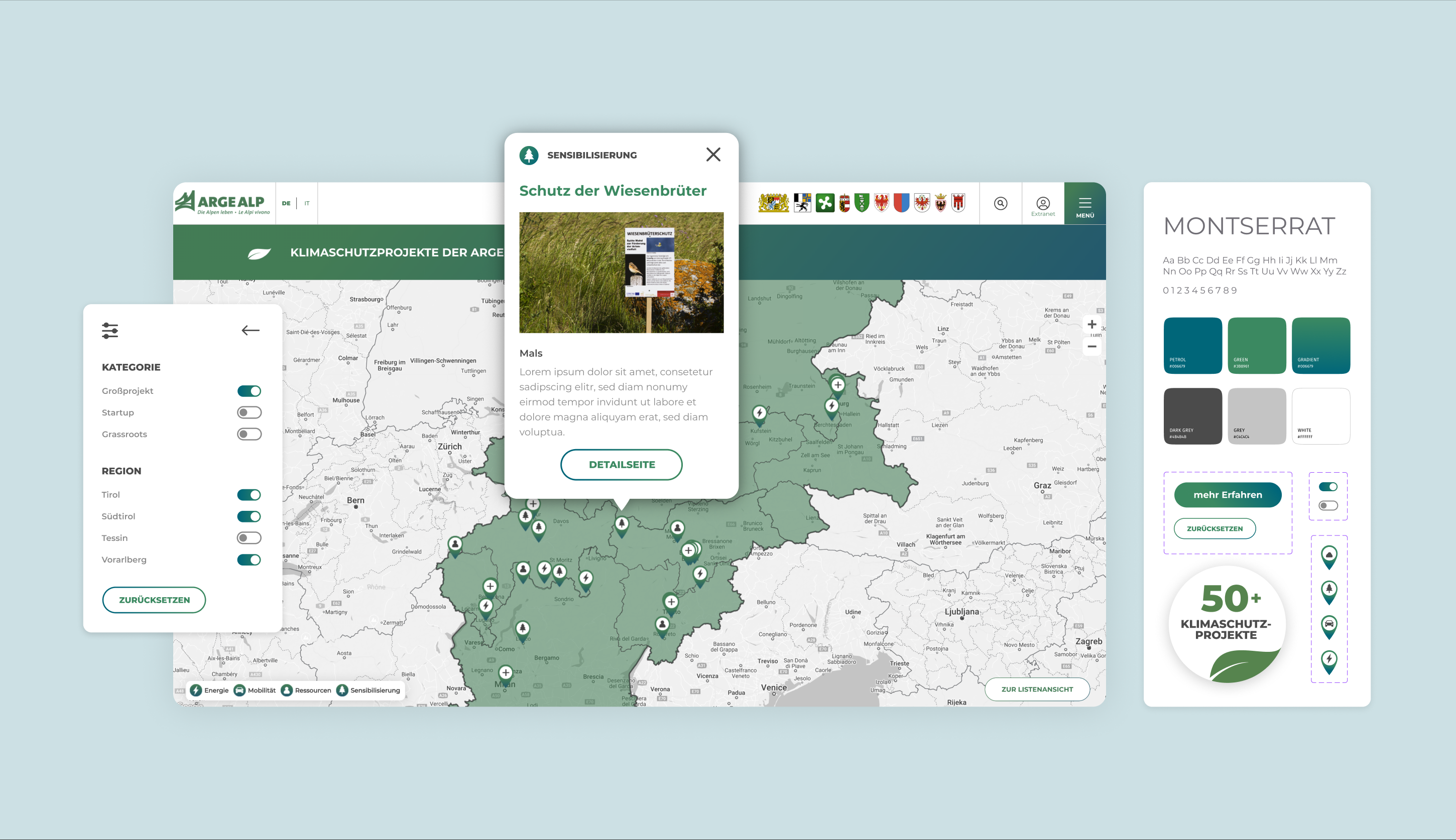 Eine Abbildung der Klimaschutzkarte mit Pins, Kategorien und Regionen und die verwendeten Schriften, Farben und Icons