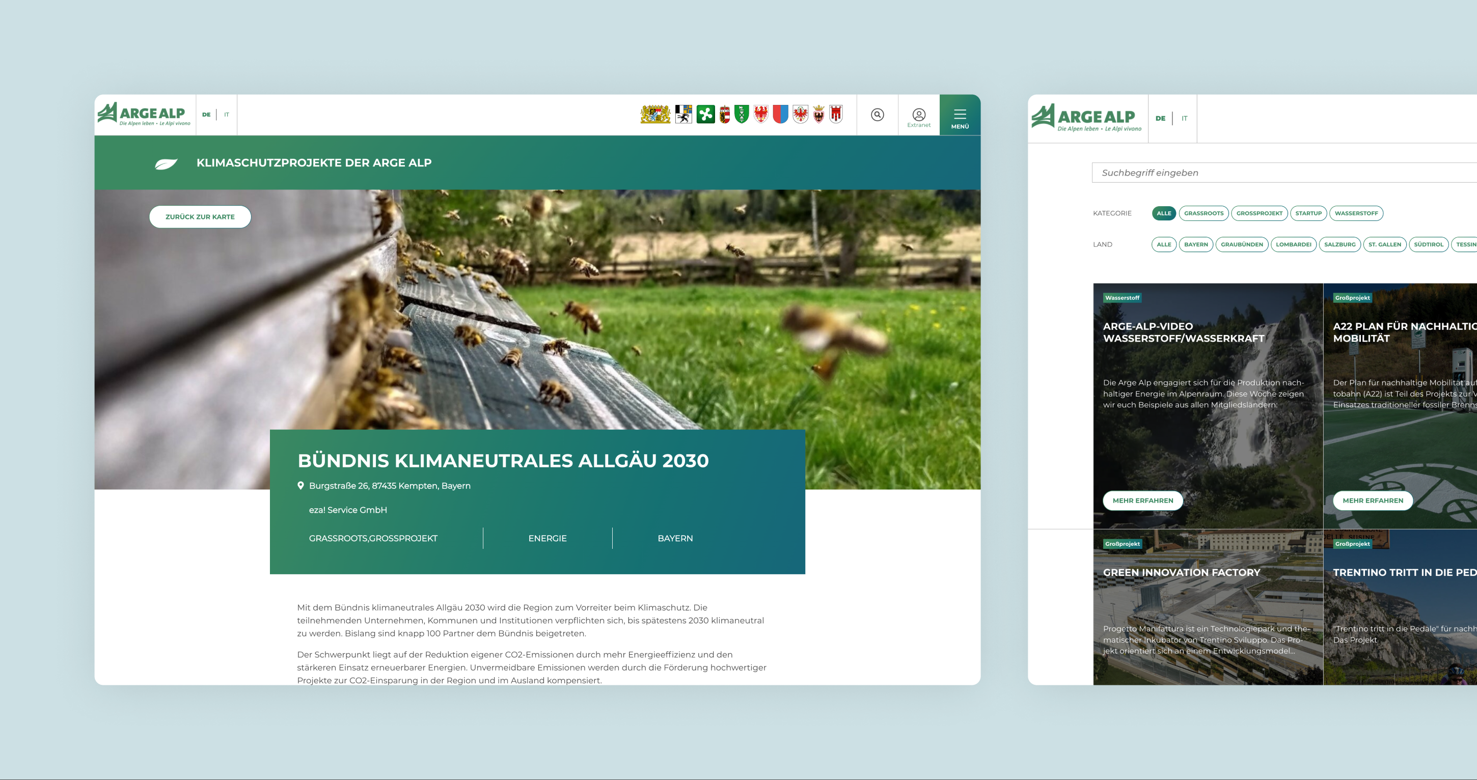 Eine Screenshot von zwei Unterseiten mit dem Thema Klimaschutzprojekte
