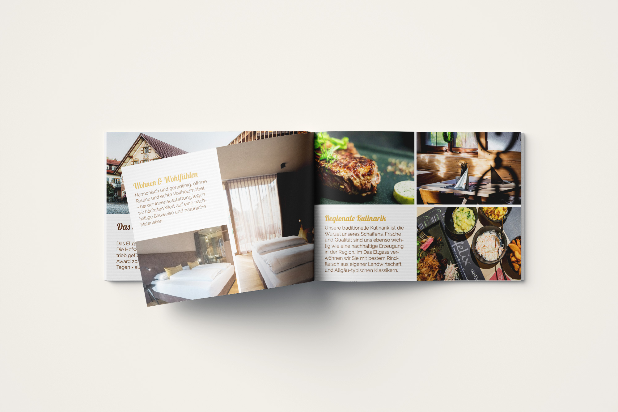 Die Hotelbroschüre mit Bildern von Hotelzimmern, dem Restaurant, Fleischgerichten und kurzen Beschreibungstexten