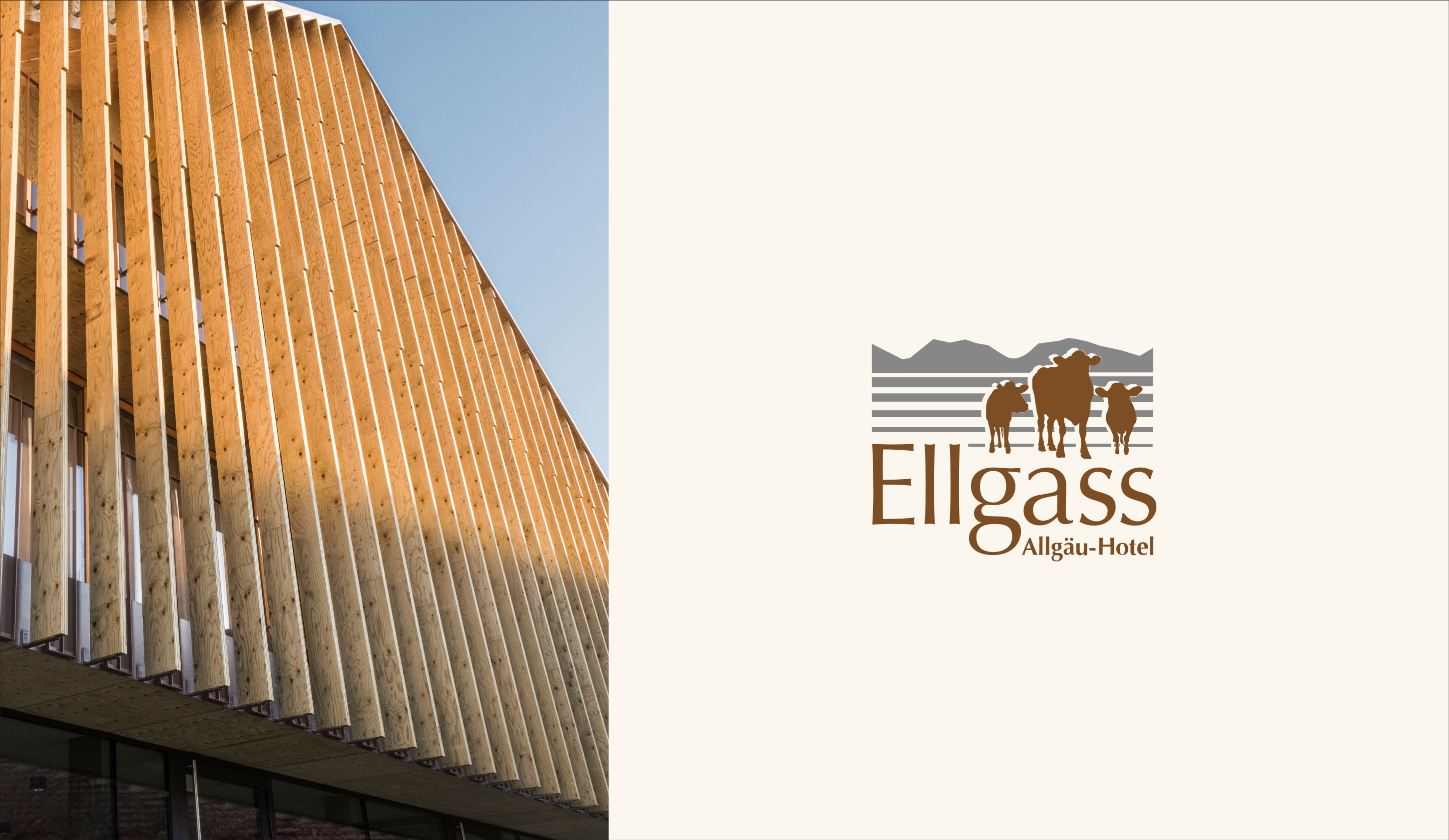 Ein Foto der Holzfassade und rechts daneben das Logo des Hotels