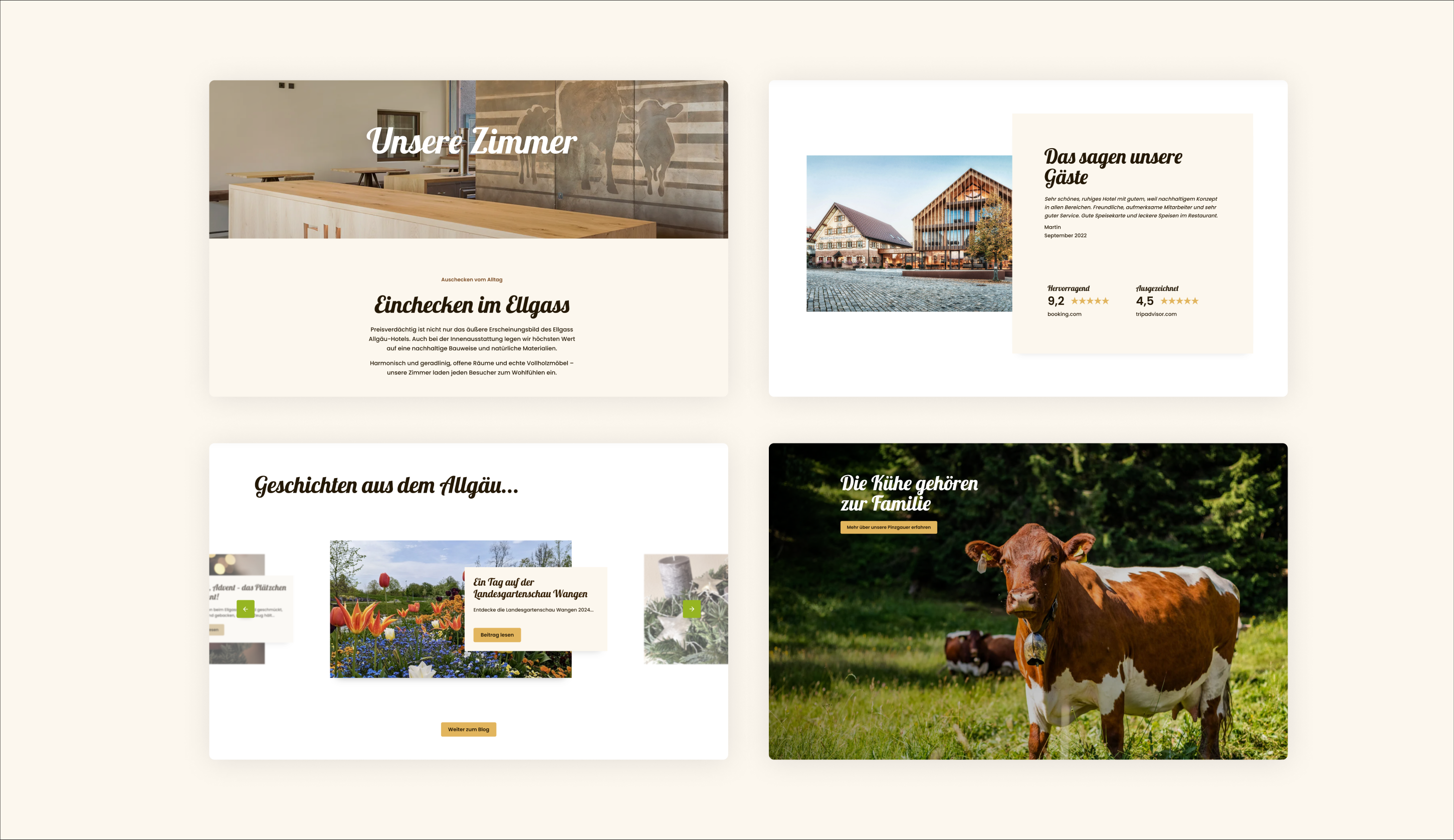 Vier Screenshots der Website. Der erste zeigt eine Seite auf der die Hotelzimmer beschrieben sind, der zweite zeigt Gästerezensionen, der dritte zeigt Blogeinträge und der vierte zeigt ein Bild einer Kuh mit einem Link zum Kuhstall des Hotels