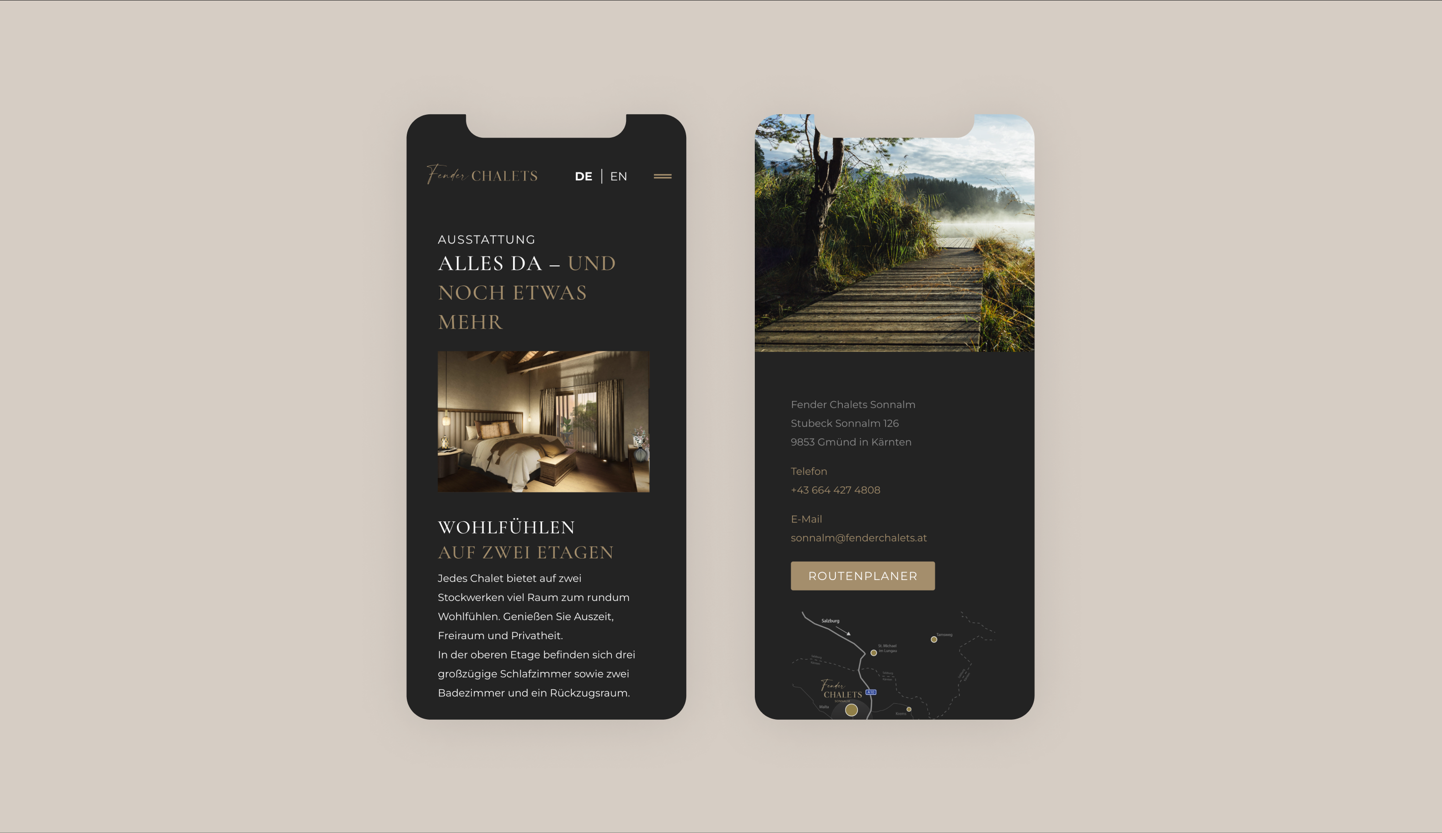 Zwei mobile Screenshots, die die Ausstattung der Chalets und Kontaktdaten zeigen.