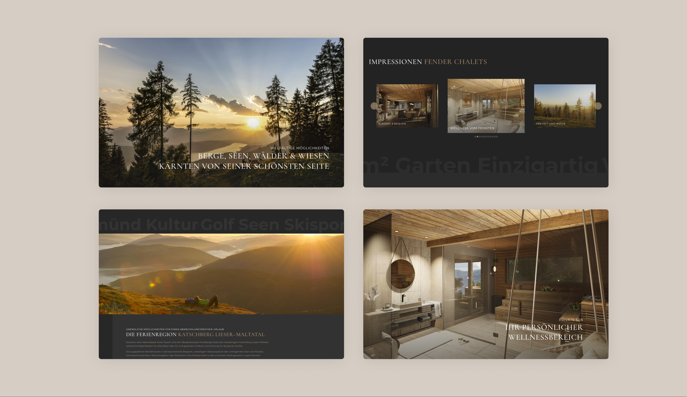 Vier Screenshots der Website. Der erste zeigt ein Foto eines Bergpanoramas mit dem Text "Berge, Seen, Wälder und Wiesen. Kärnten von seiner schönsten Seite". Der zweite und dritte Screenshot zeigt eine Seite mit Impressionen der Chalets und der Umgebung. Der letzte Screenshot zeigt ein Foto des Wellnessbereichs.