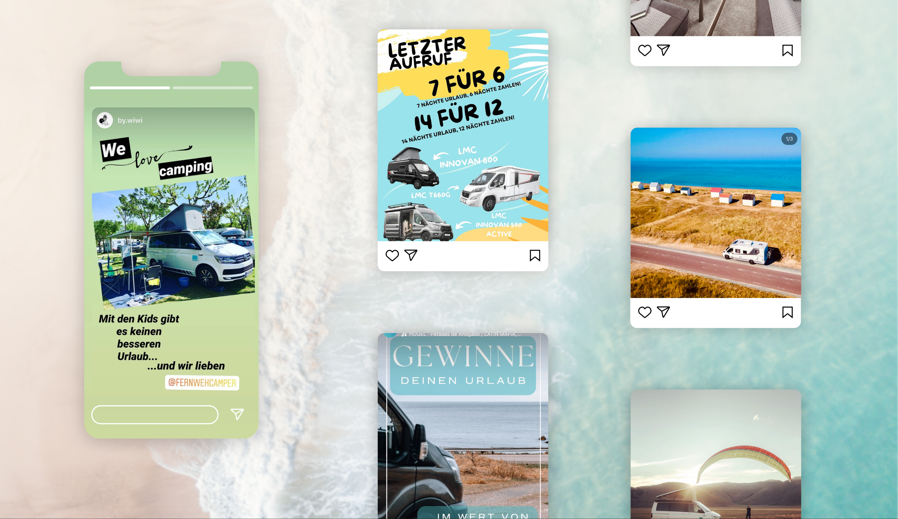 Eine Übersicht über mehrere mobile Screenshots der Social Media Beiträge von Fernweh Camper. Enthalten ist beispielsweise eine Preisaktion, ein Gewinnspiel und ein Foto eines Campingmobils am Strand.