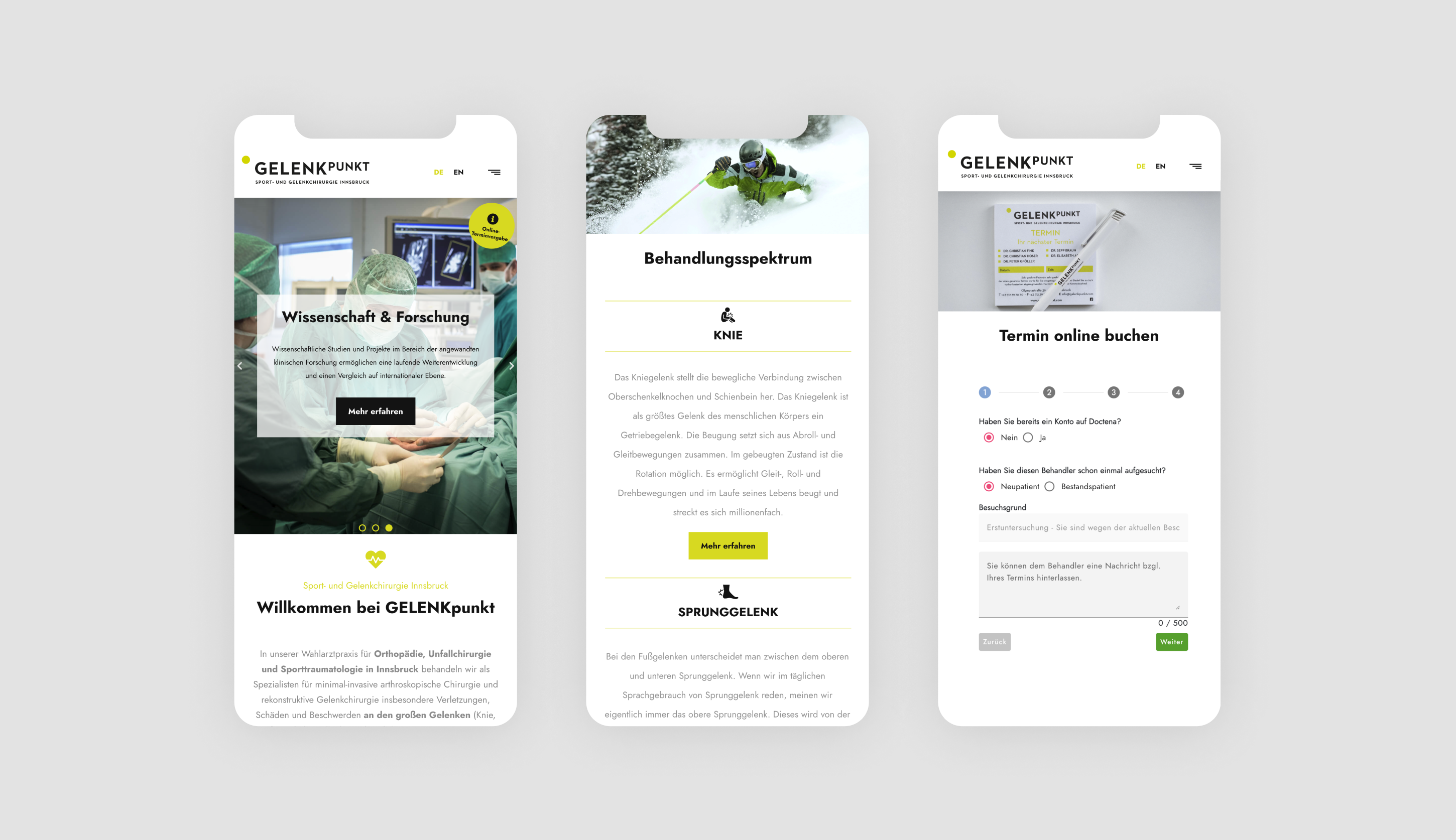 Drei mobile Screenshots der Seite. Der erste zeigt die Themenseite "Wissenschaft und Forschung", der zweite das Behandlungssprektrum der Praxis und der dritte das Terminbuchungstool.