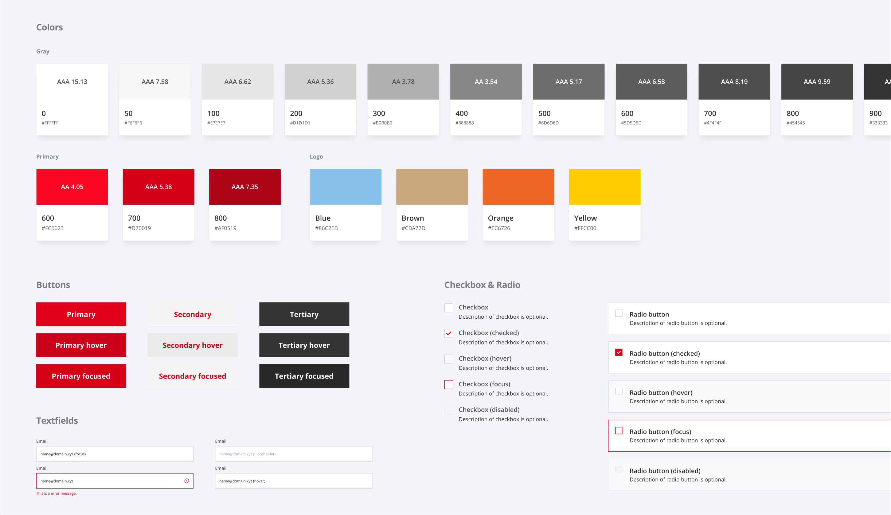 Eine Abbildung des Design Systems mit Farben, Buttons, Textfeldern und Checkboxen für die Webseite von Gutmann Energiesysteme