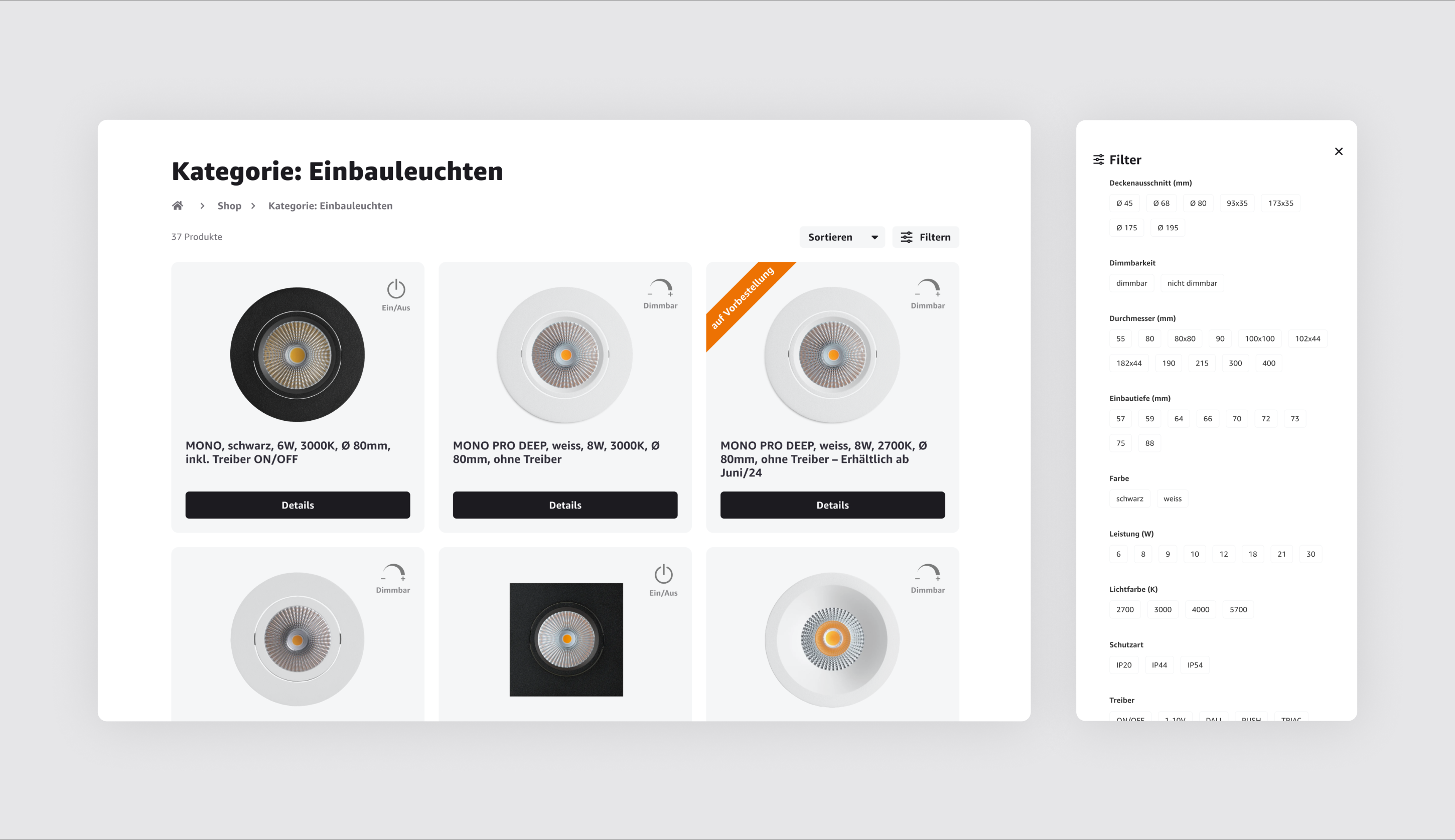 Ein Srennshot der Shop-Seite und des zugehörigen Filters mit spezifischen Produkteigenschaften wie Dimmbarkeit, Farbe oder Leistung.