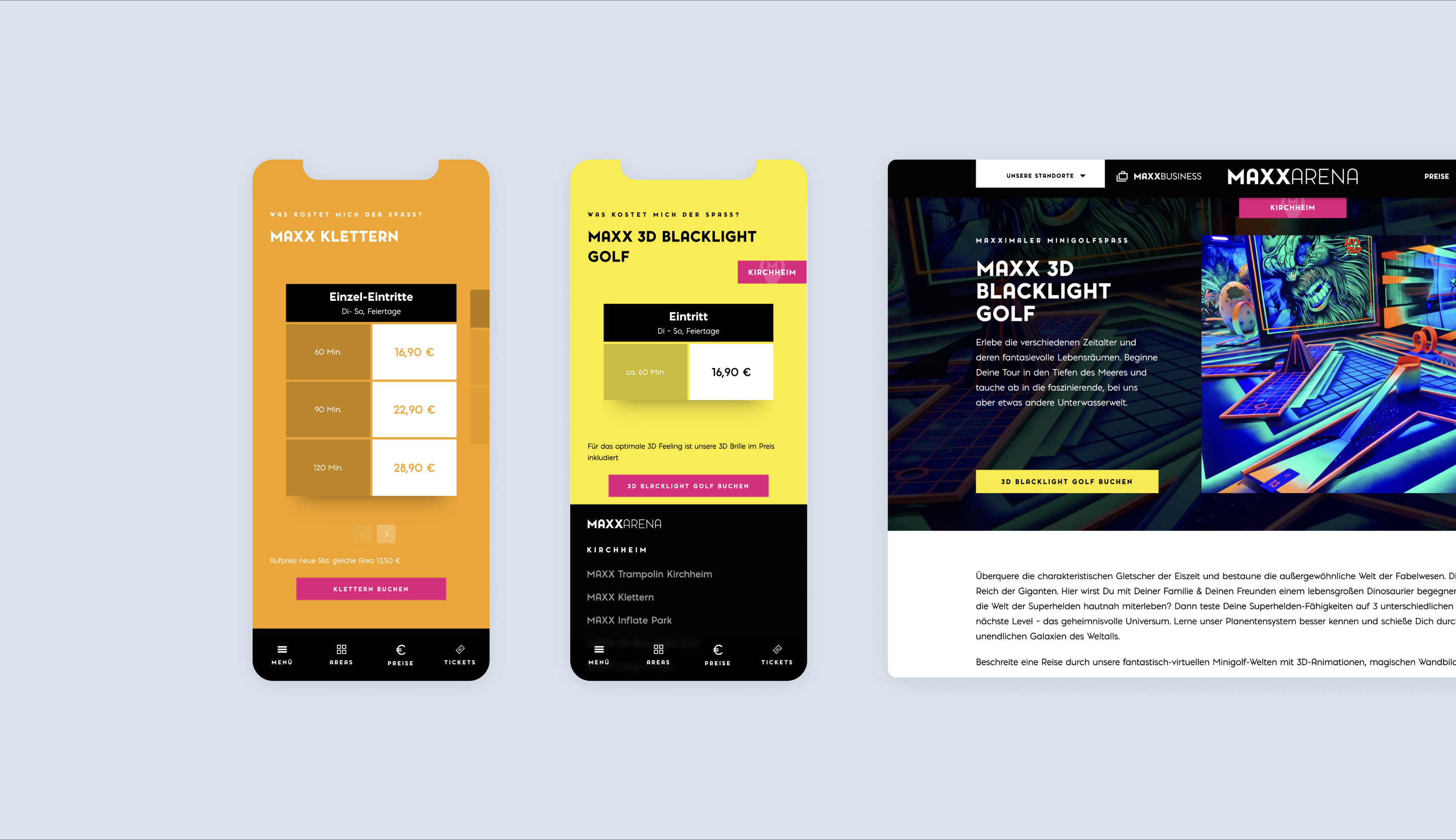 Drei Screenshots der Website. Der erste und zweite Screenshot ist eine mobile Ansicht mit Preisübersichten der Website. Der dritte Screenshot zeigt die Themenseite des 3D Blacklight Golf