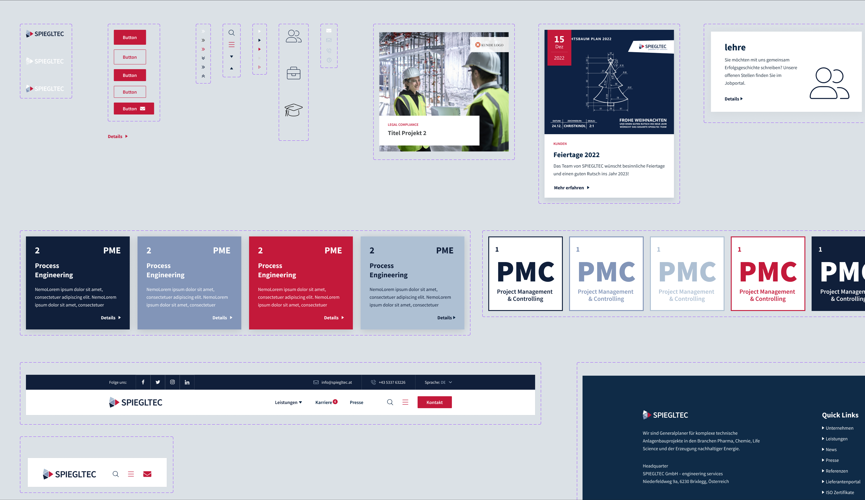 Die Design Elemente der Website von Spiegltec: Buttons, Logo, Header, Footer, Suchleiste und Kacheln