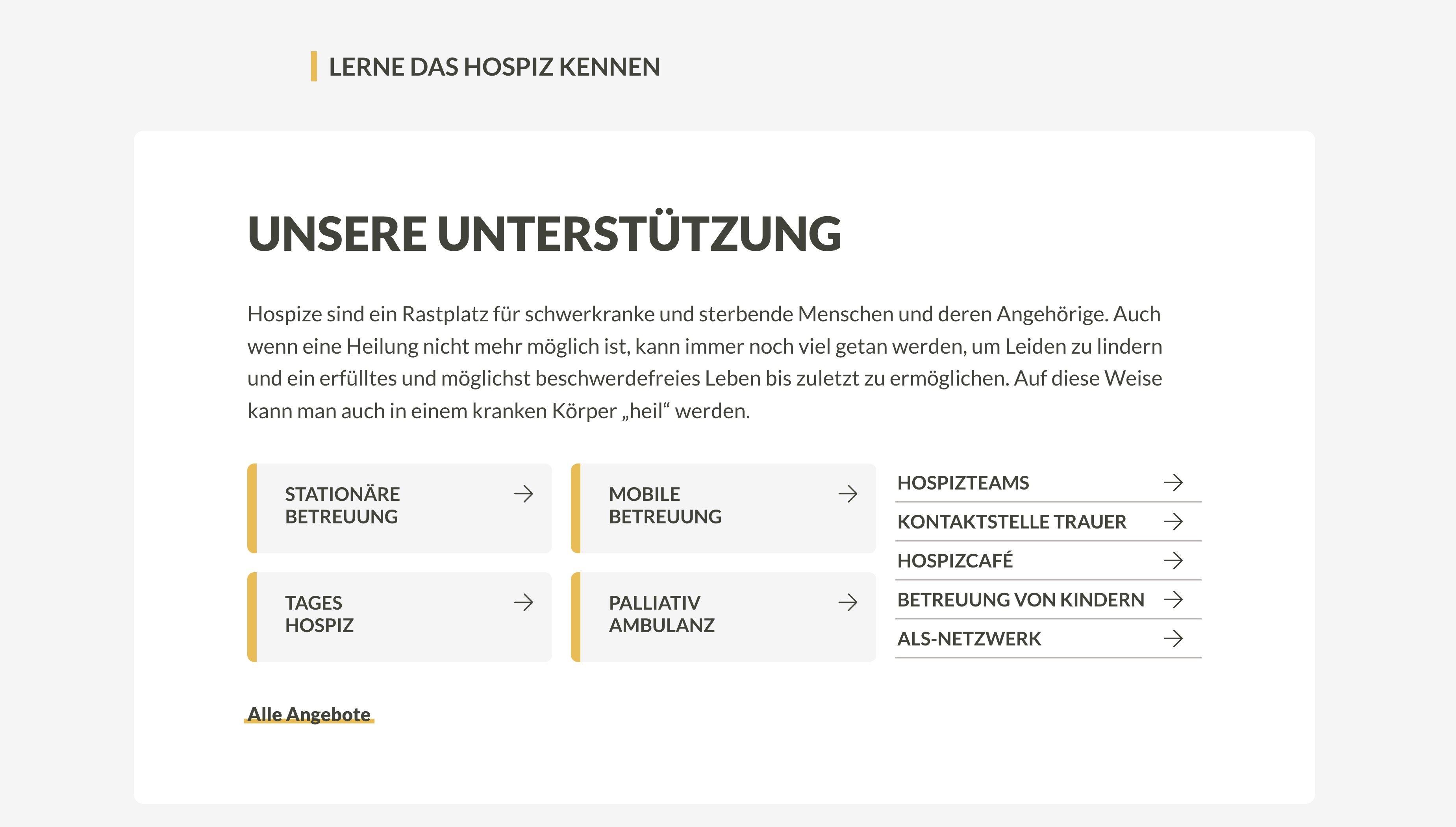 Ein Screenshot der Unterstützungsangebote der Tiroler Hospizgemeinschaft